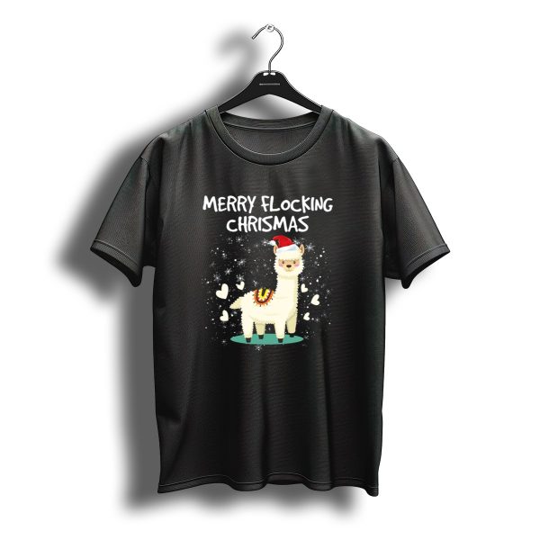 Merry Flocking Christmas Llama Santa Hat Snowflakes Hearts T Shirt t shirt 1