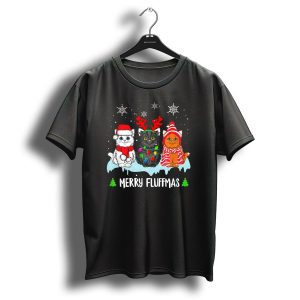 Merry Fluffmas Cute Cat Kittens In Christmas Hats Snowflakes T-Shirt