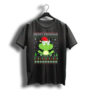 Merry Frogmas Christmas Frog Santa Hat Snowflakes Christmas Trees Ugly T-Shirt