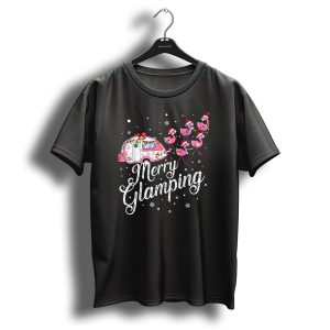 Merry Glamping Christmas Flamingo Camper With Santa Hats And Snowflakes T Shirt