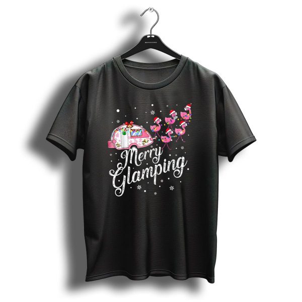 Merry Glamping Christmas Flamingo Camper With Santa Hats And Snowflakes T Shirt 1 t shirt 1