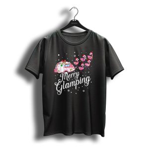 Merry Glamping Christmas Flamingo Camper With Santa Hats And Snowflakes T-Shirt