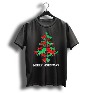 Merry Horsemas Christmas Tree In Red And Green Horse Shapes T Shirt 1