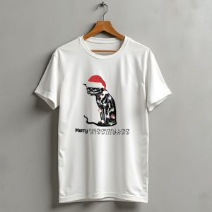 Merry Kiss My Ass Cat Christmas Lights Santa Hat T Shirt