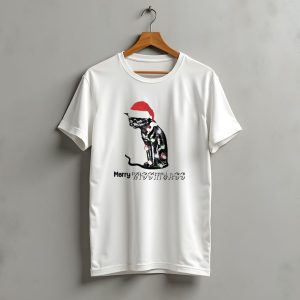 Merry Kiss My Ass Cat Christmas Lights Santa Hat T-Shirt
