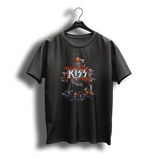 Merry Kissmas Kiss Christmas Band Members With Santa Hats And Christmas Tree T Shirt t shirt 1