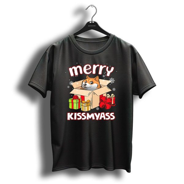 Merry Kissmyass Akita Dog In Christmas Gift Box With Holiday Presents T Shirt 1 t shirt 1
