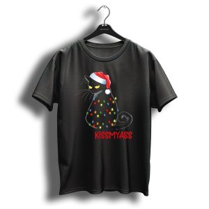 Merry Kissmyass Black Cat With Christmas Lights And Santa Hat T Shirt