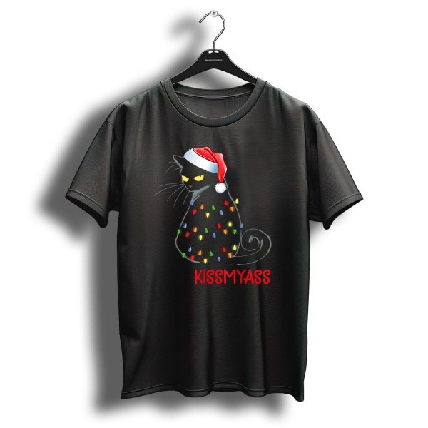 Merry Kissmyass Black Cat With Christmas Lights And Santa Hat T Shirt 1 t shirt 1