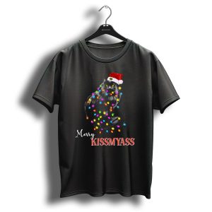 Merry Kissmyass Funny Black Cat Santa Hat Christmas Lights T-Shirt