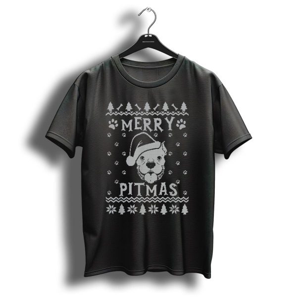 Merry Pitmas Christmas Pitbull Santa Hat Paw Trees Snowflakes T Shirt 1 t shirt 1
