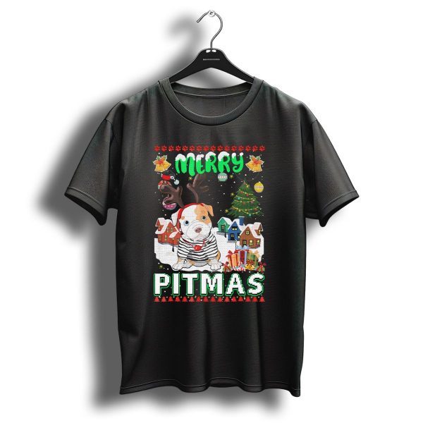 Merry Pitmas Cute Pit Bull With Christmas Village And Tree T Shirt 1 t shirt 1