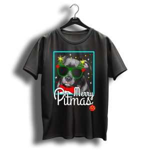 Merry Pitmas Pitbull Dog In Festive Christmas Glasses And Bow Tie T-Shirt
