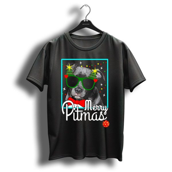 Merry Pitmas Pitbull Dog In Festive Christmas Glasses And Bow Tie T Shirt 1 t shirt 1