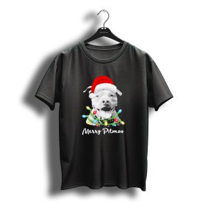 Merry Pitmas Santa Hat Pit Bull Christmas Lights T-Shirt