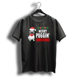 Merry Puggin Christmas Pug Santa Hat Holly Berries T Shirt