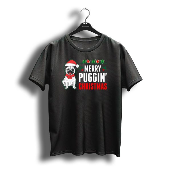 Merry Puggin Christmas Pug Santa Hat Holly Berries T Shirt t shirt 1