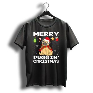 Merry Puggin Christmas Pug With Santa Hat And Holiday Decorations T Shirt
