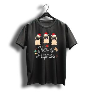 Merry Pugmas Christmas Pugs With Santa Hats And Holiday Decorations T-Shirt