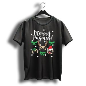 Merry Pugmas Pug Dogs With Christmas Antlers Santa Hat Bows And Snowflakes T Shirt