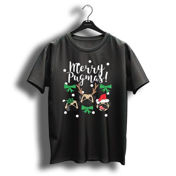 Merry Pugmas Pug Dogs With Christmas Antlers Santa Hat Bows And Snowflakes T Shirt 1 t shirt 1