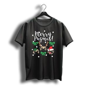 Merry Pugmas Pug Dogs With Christmas Antlers Santa Hat Bows And Snowflakes T-Shirt