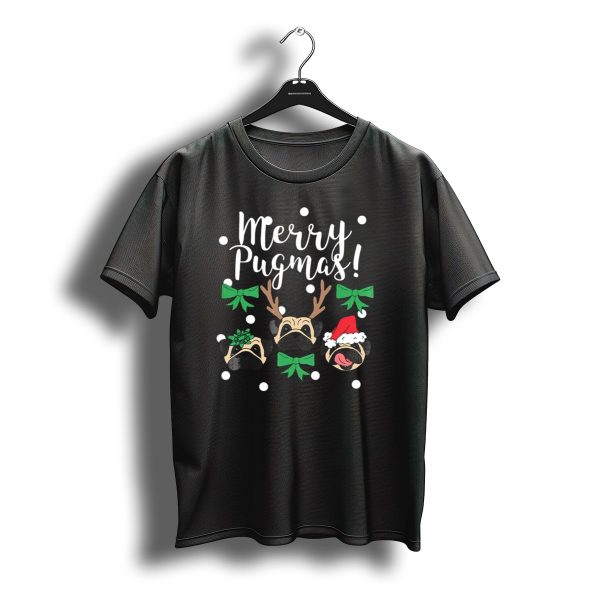 Merry Pugmas Pug Dogs With Christmas Antlers Santa Hat Bows And Snowflakes T Shirt t shirt 1