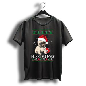 Merry Pugmas Pug In Santa Hat With Christmas Ornaments And Trees T Shirt