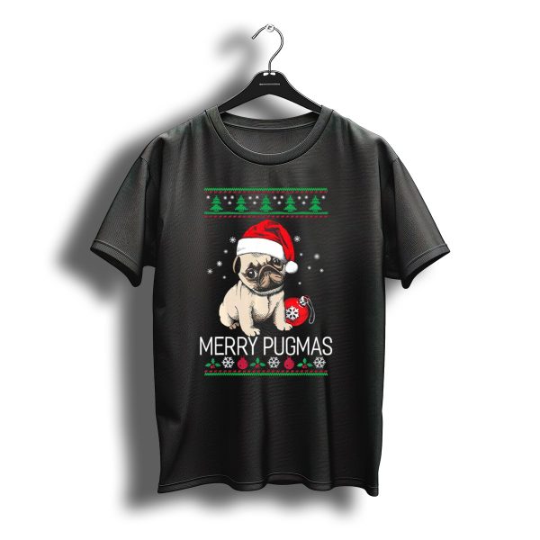 Merry Pugmas Pug In Santa Hat With Christmas Ornaments And Trees T Shirt t shirt 1