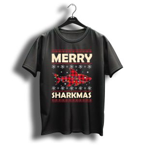 Merry Sharkmas Christmas Shark Lover Plaid Shark With Snowflakes And Lights T-Shirt