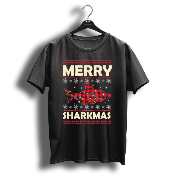 Merry Sharkmas Christmas Shark Lover Plaid Shark With Snowflakes And Lights T Shirt 1 t shirt 1