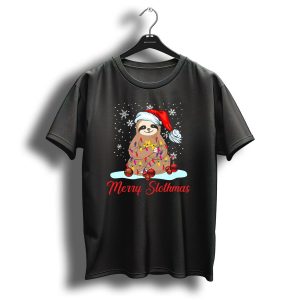 Merry Slothmas Christmas For Sloth With Santa Hat And Holiday Lights T Shirt