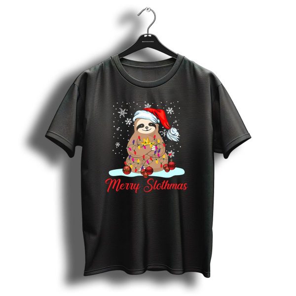Merry Slothmas Christmas For Sloth With Santa Hat And Holiday Lights T Shirt 1 t shirt 1