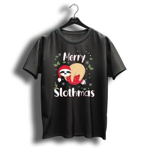 Merry Slothmas Christmas Sloth Holiday Festive Santa Hat Snowflakes T Shirt