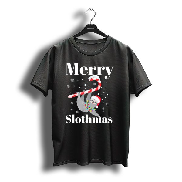 Merry Slothmas Christmas Sloths Candy Cane Santa Hat Snowflakes T Shirt t shirt 1