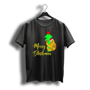 Merry Slothmas Santa Hat Sloth Hugging Christmas Tree T-Shirt