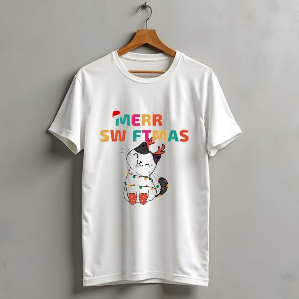 Merry Swiftmas Christmas Cat With Reindeer Antlers And Festive Lights T Shirt 1 t shirt 1