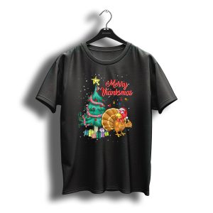 Merry Thanksmas Christmas Tree Turkey With Santa Hat And Presents T-Shirt