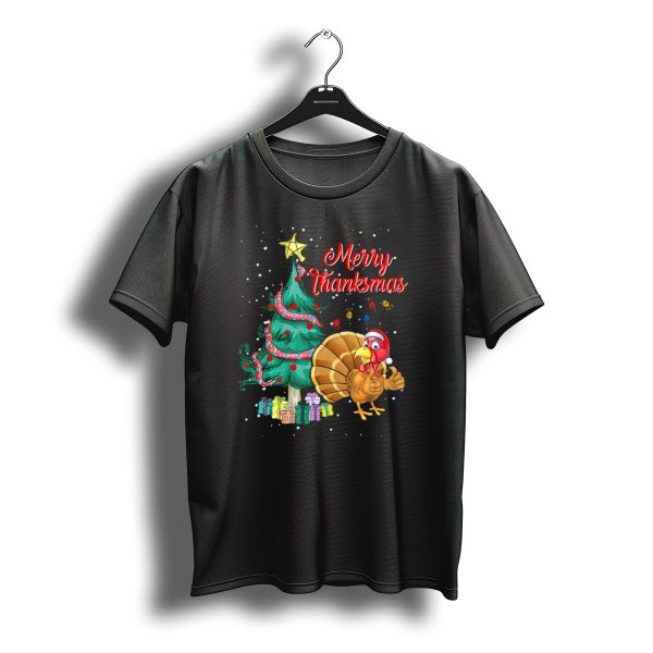 Merry Thanksmas Christmas Tree Turkey With Santa Hat And Presents T Shirt t shirt 1