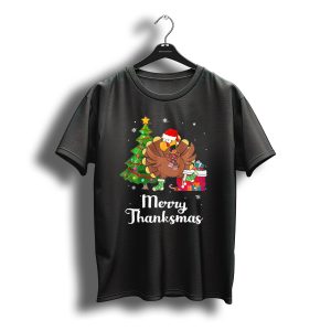 Merry Thanksmas Turkey With Santa Hat And Christmas Tree T-Shirt