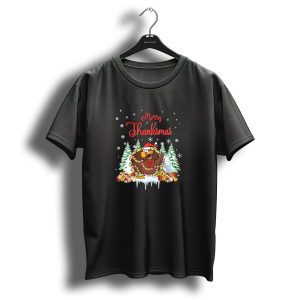 Merry Thanksmas Turkey With Santa Hat Snowflakes And Christmas Trees T Shirt