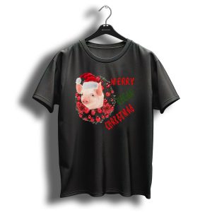 Merry Vegan Christmas Pig With Santa Hat And Festive Wreath T Shirt