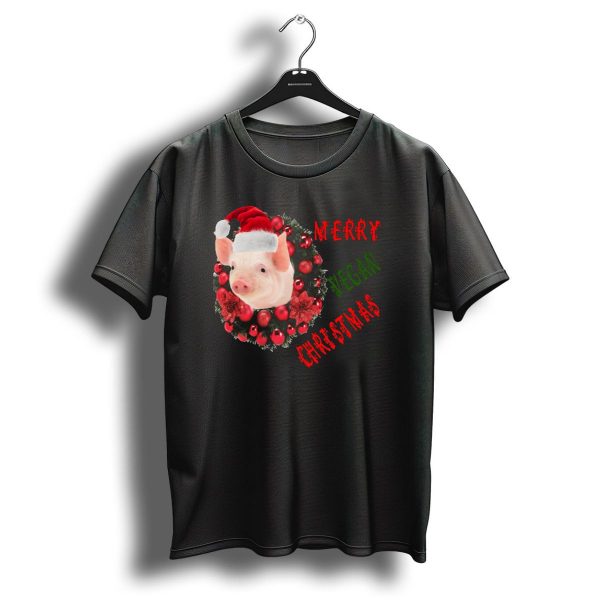 Merry Vegan Christmas Pig With Santa Hat And Festive Wreath T Shirt 1 t shirt 1