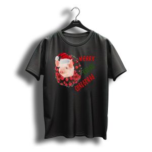 Merry Vegan Christmas Pig With Santa Hat And Festive Wreath T-Shirt