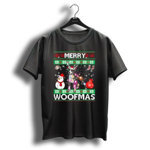 Merry Woofmas American Pit Bull Terrier Christmas Reindeer Snowman Lights T Shirt