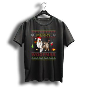 Merry Woofmas Australian Shepherd Santa Hat Present Tree Candy Cane Stocking Snowflakes Treble Clef Christmas Garland T Shirt