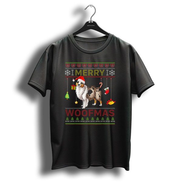 Merry Woofmas Australian Shepherd Santa Hat Present Tree Candy Cane Stocking Snowflakes Treble Clef Christmas Garland T Shirt 1 t shirt 1
