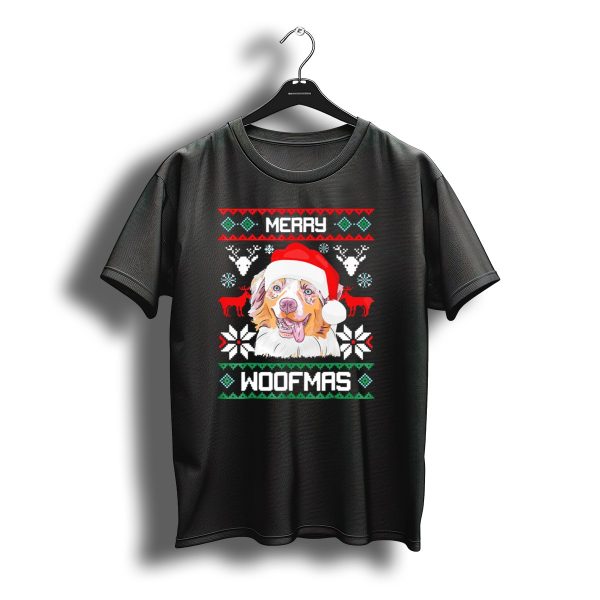 Merry Woofmas Australian Shepherd With Santa Hat And Christmas Motifs T Shirt t shirt 1
