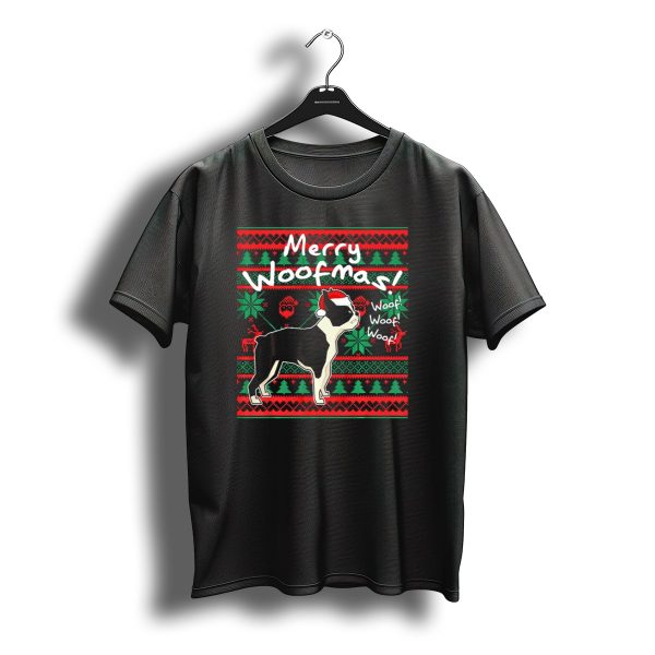 Merry Woofmas Boston Terrier Woof Woof Santa Hat Christmas T Shirt t shirt 1