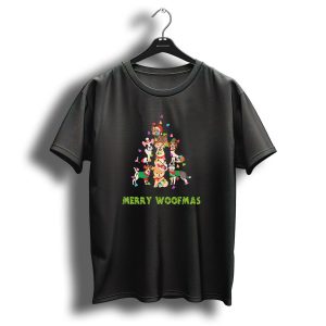 Merry Woofmas Christmas Funny Dog Holiday Tree With Festive Lights T-Shirt